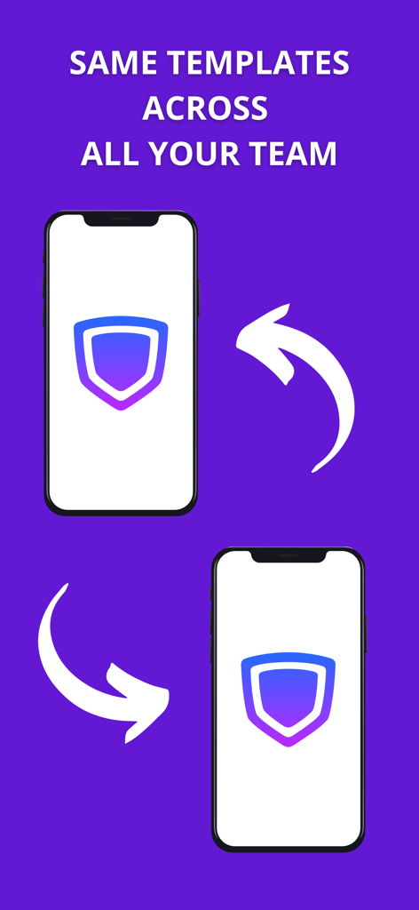 Watermarkly ― Watermark Maker - Two smartphones displaying identical watermark templates with arrows indicating synchronization across a team.