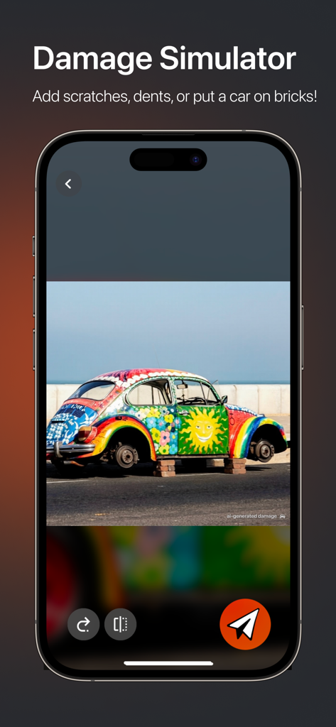 carBREAK: Car Damage Prank - Car damage simulator app showing a colorful Volkswagen Beetle propped up on bricks as a prank