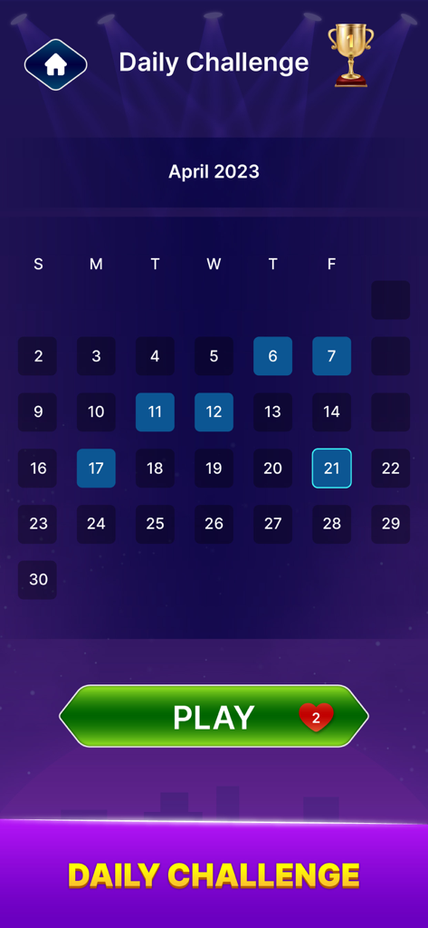 Millionaire Quiz: Trivia Games - Daily challenge calendar screen for Millionaire Quiz trivia game showing April 2023 dates and a play button.