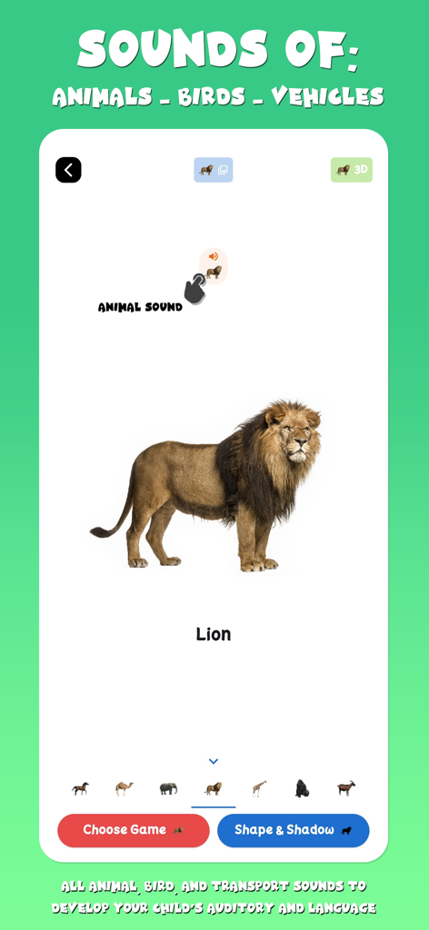 Speech therapy app interface showing a realistic lion photo and animal sounds feature for toddlers