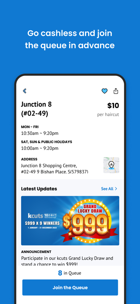 kcuts Go - Mobile screen of kcuts Go app displaying haircut prices and a join queue option for a specific outlet.