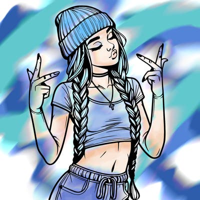 realistic teenage girl with braids and a beanie and crop top doing 🫶🏼