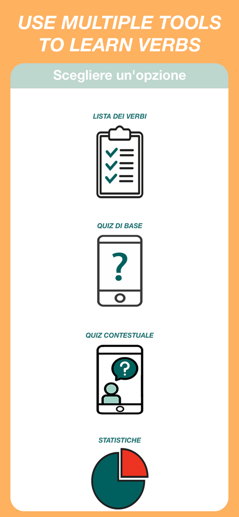 Italian Verbs Quiz app main menu featuring verb lists basic and contextual quizzes and learning statistics