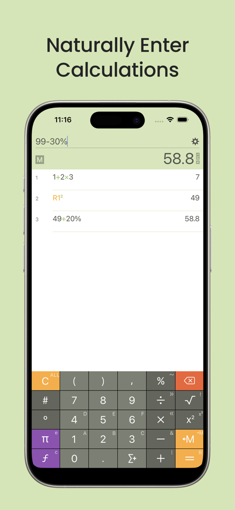 Inseries Pro: Smart Calculator - Smartphone screen showing Inseries Pro calculator with calculation history and natural language math entry