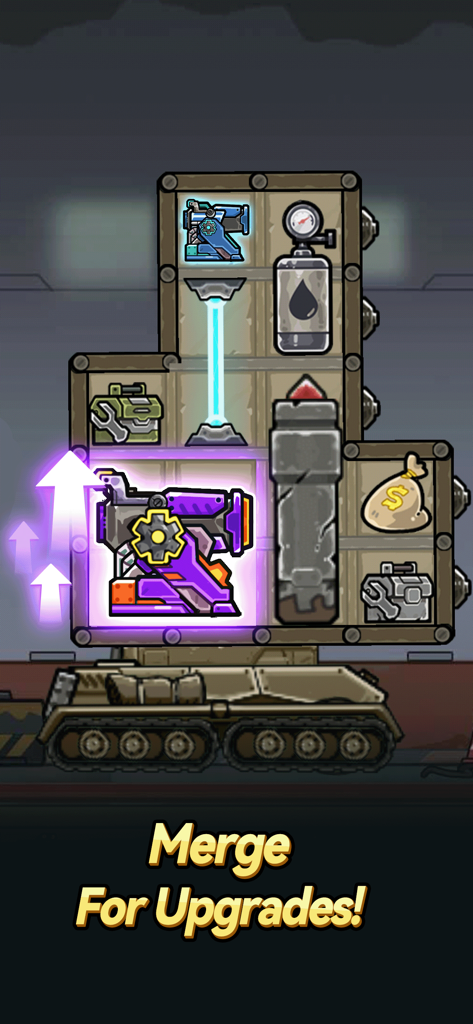 Tank Pack Attack - Capture d'écran de Tank Pack Attack montrant la fusion d'armes et la gestion de l'inventaire pour les améliorations.