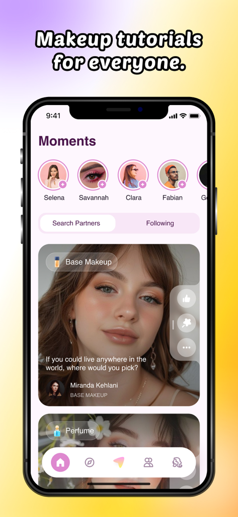 Velvet - Video Chat, Makeup - Interface of Velvet app showing a community feed of makeup tutorials and user profiles.