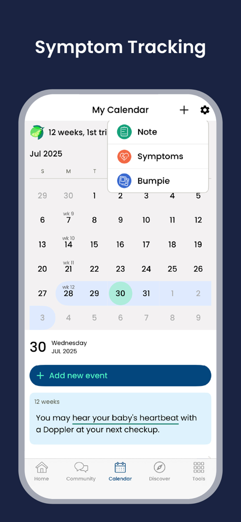 BabyCenter Track Pregnancy App - Pregnancy calendar interface in the BabyCenter app for tracking symptoms and milestones