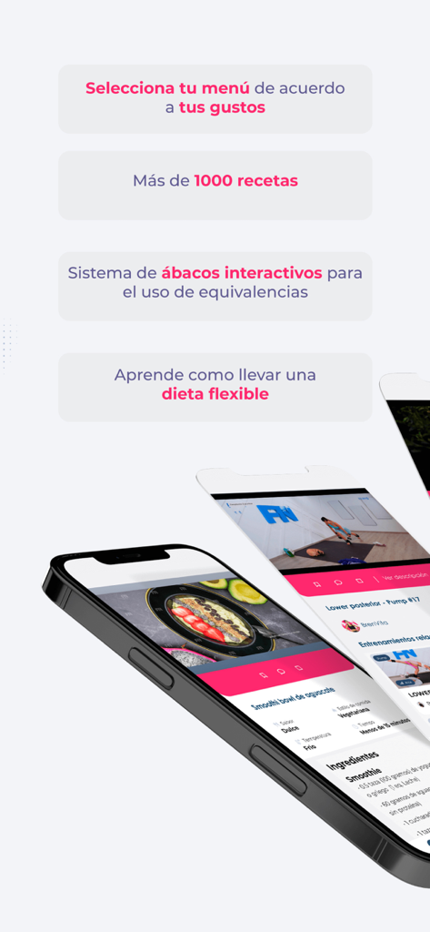 FTN app interface displaying healthy recipes and nutrition guide for a flexible diet