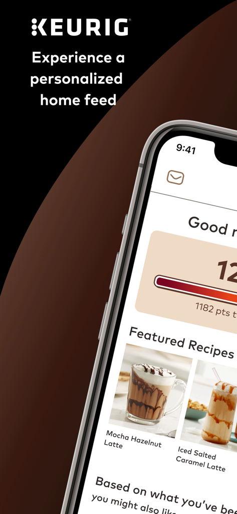 Keurig - A smartphone displaying the Keurig app home feed featuring personalized coffee recipes and loyalty reward points.