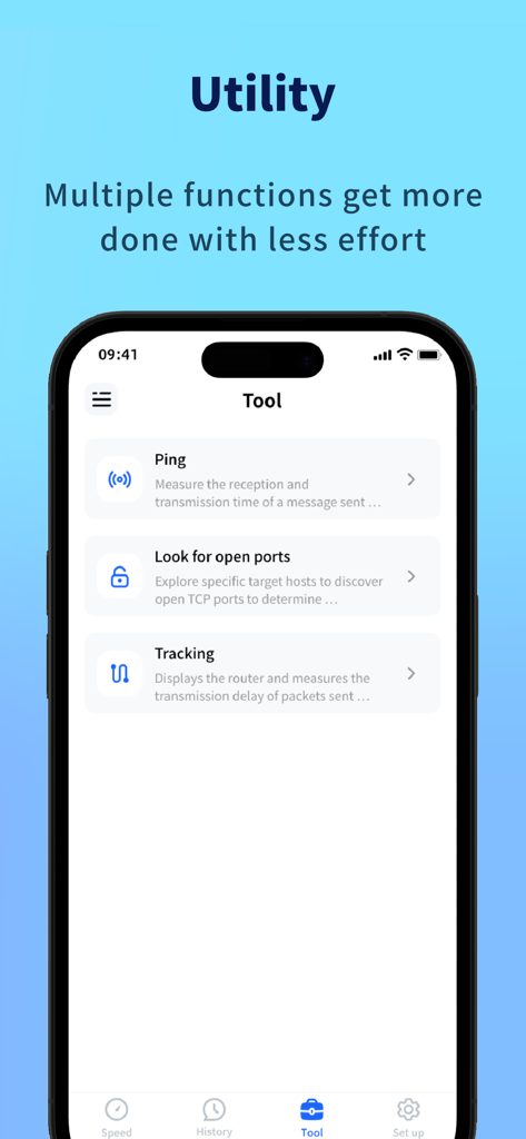 Speed Test - WIFI Analyser - Speed Test WIFI Analyser interface showing network tools for Ping port scanning and route tracking