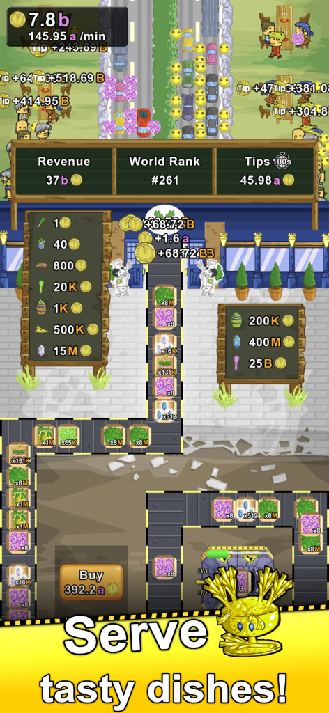 Leek Factory Tycoon - Gameplay of Leek Factory Tycoon showing automated conveyor belts serving dishes and player world rank