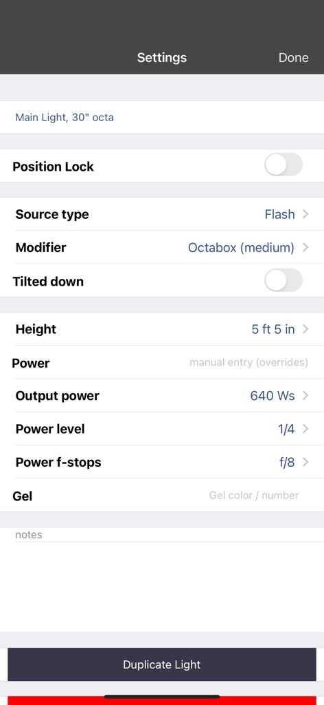 Menu showing professional lighting settings for a studio flash with an octabox modifier
