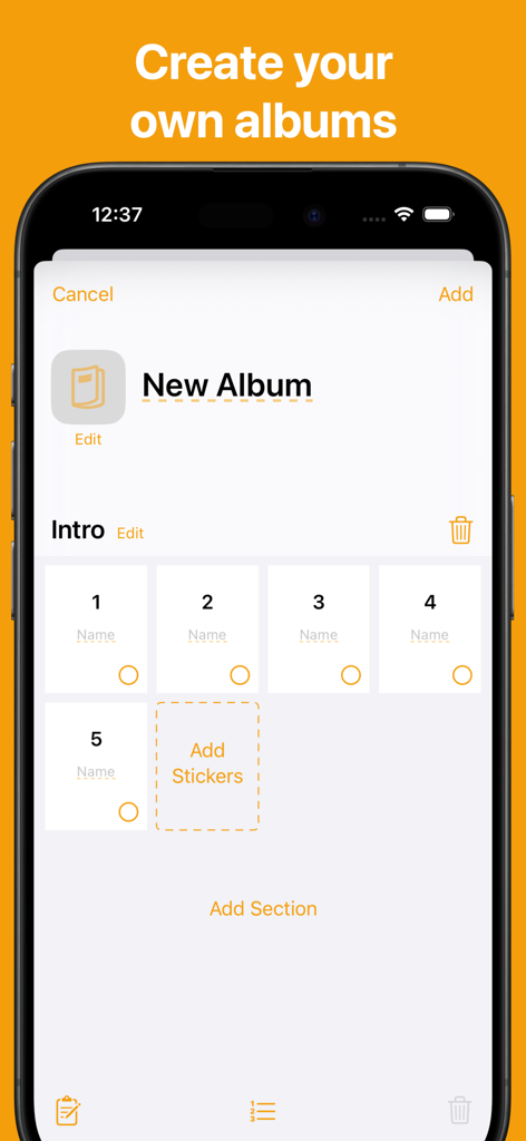 Stickers - Collect & Swap - Interface pour créer et organiser un album de stickers personnalisé avec des sections et des emplacements numérotés.