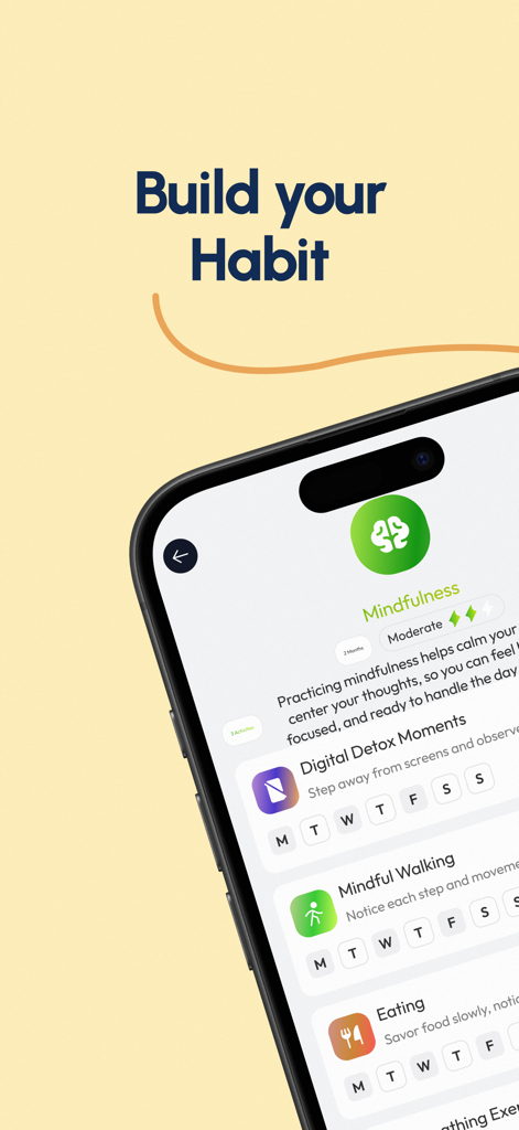 Habit Tracker - AI Planner - Smartphone screen displaying mindfulness habit tracking options like digital detox and mindful walking in the Habit Tracker AI Planner app.