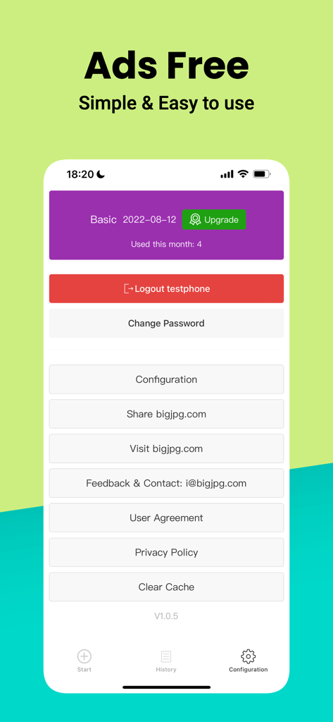 Bigjpg - The configuration screen of the Bigjpg app showing account status and menu options.