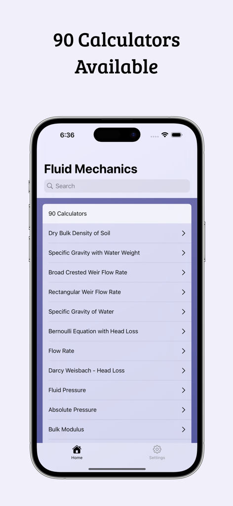 Fluid Mechanics Calculator - Fluid Mechanics Calculator app home screen displaying a list of ninety specialized engineering calculators