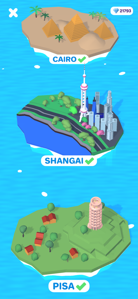 High Heels! - Level selection screen in High Heels game showing floating islands for Cairo Shanghai and Pisa