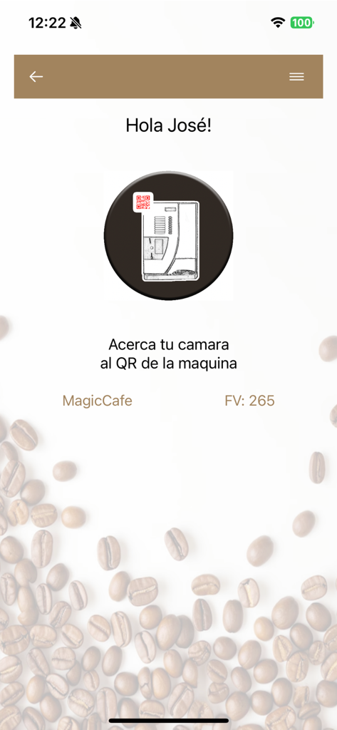 Cafe QR - Interfaz de la aplicación móvil Cafe QR que muestra un saludo e instrucciones para escanear un código QR de máquina de café.