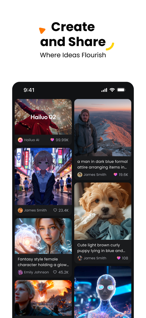 Exibição de smartphone mostrando um feed de diversos vídeos e personagens gerados por IA no aplicativo Hailuo AI