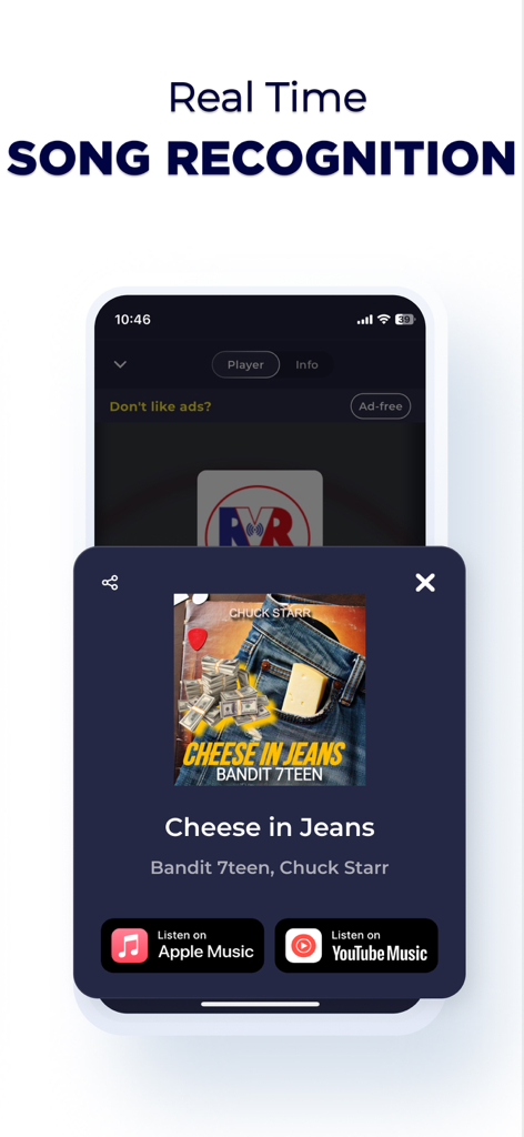 Jamaica Radio Live app showing real time song recognition feature with music streaming links