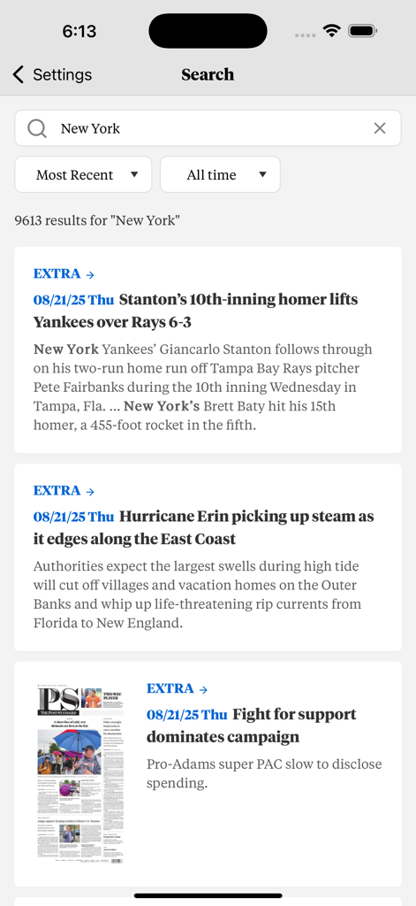 The Post-Standard - Search results for New York in The Post-Standard mobile app showing local news headlines and sports updates