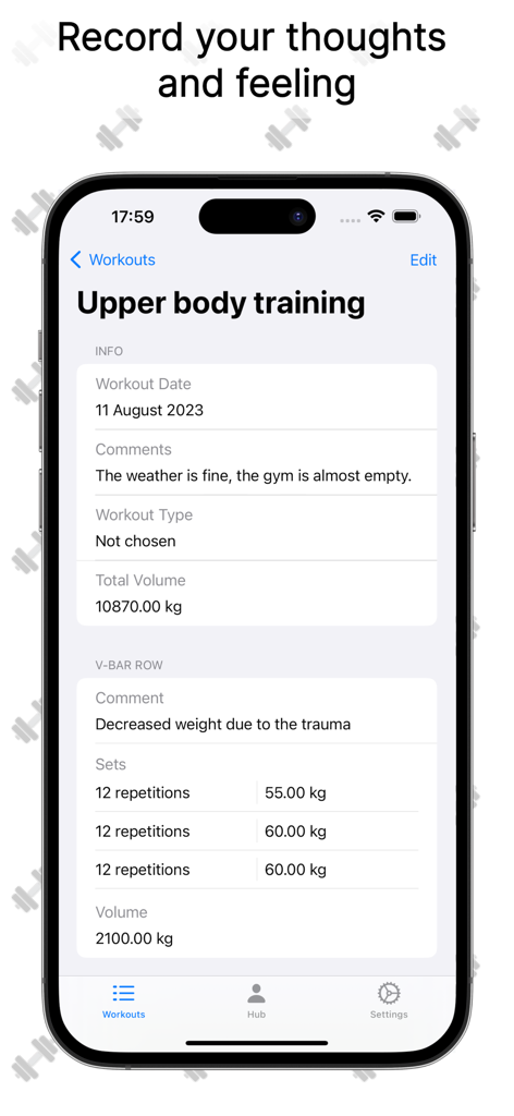 Workouts Gym Diary - Workouts Gym Diary app screen displaying an upper body training log with exercise details and personalized notes