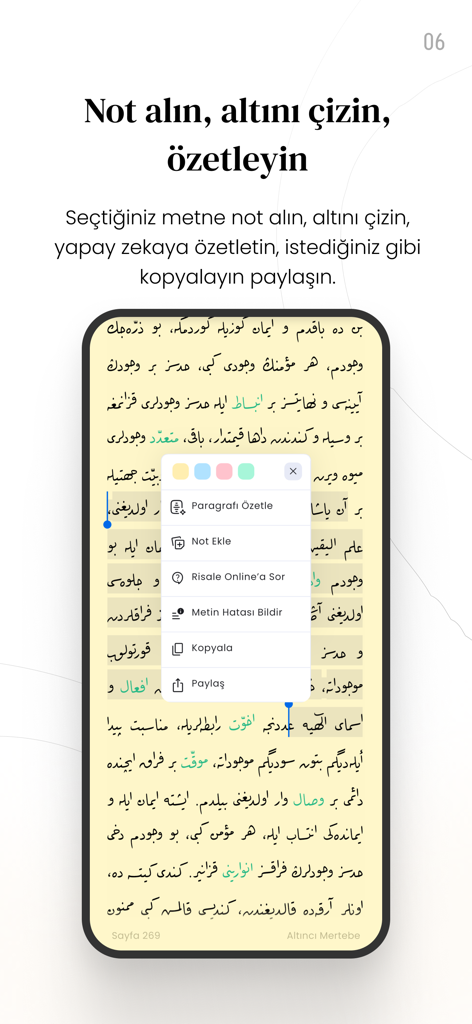 Hayrat Risale-i Nur - Captura de pantalla de la aplicación Hayrat Risale-i Nur que muestra herramientas de selección de texto para notas, subrayado y resumen de IA sobre texto turco otomano.
