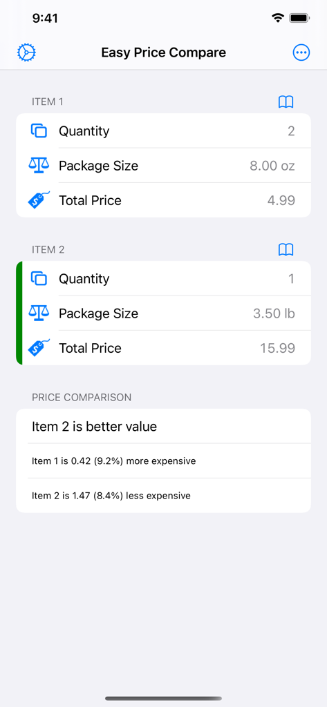 Easy Price Compare - A screenshot of the Easy Price Compare app showing a side-by-side comparison of two items to determine the best unit price value.