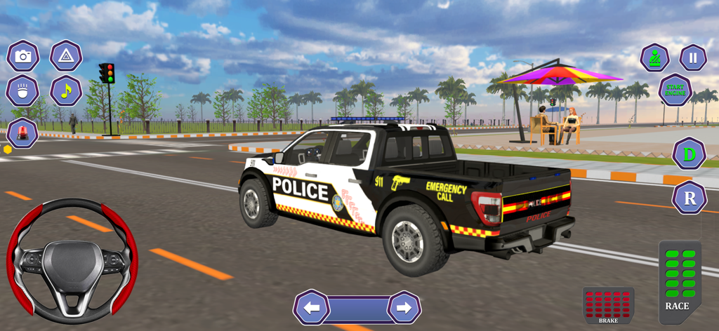 Gameplay of Police Cop Car Driving Game 3D featuring a police pickup truck in a city environment.