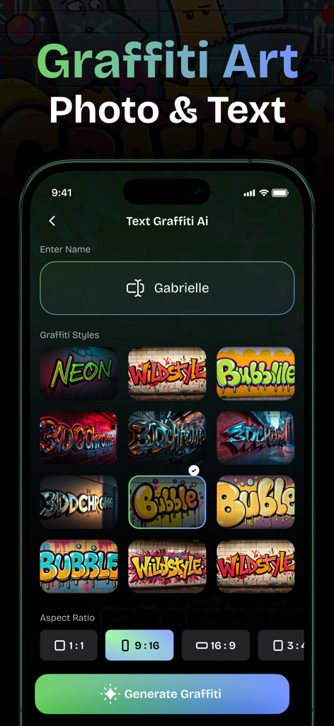 Graffiti AI: Graffiti Text Art - Interfaz de la aplicación Graffiti AI mostrando la entrada de texto y varios estilos de grafiti como fuentes de neón y burbuja