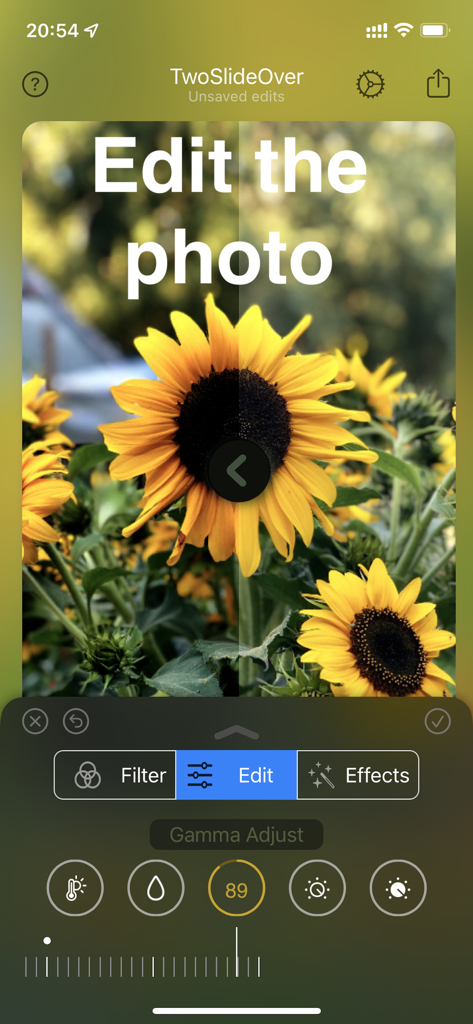Editing a sunflower photo in TwoSlideOver app with adjustable gamma settings