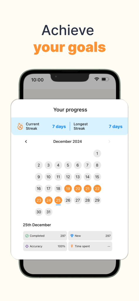 PeakTalk: Job-specific English - Schermata dei progressi dell'app PeakTalk che mostra una serie di apprendimento di 7 giorni e un calendario di attività mensile.