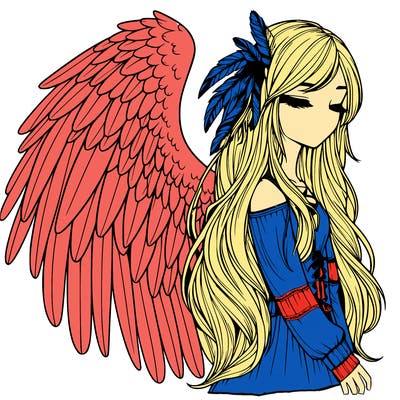 realistic girl with bird wings and some feathers in her hair