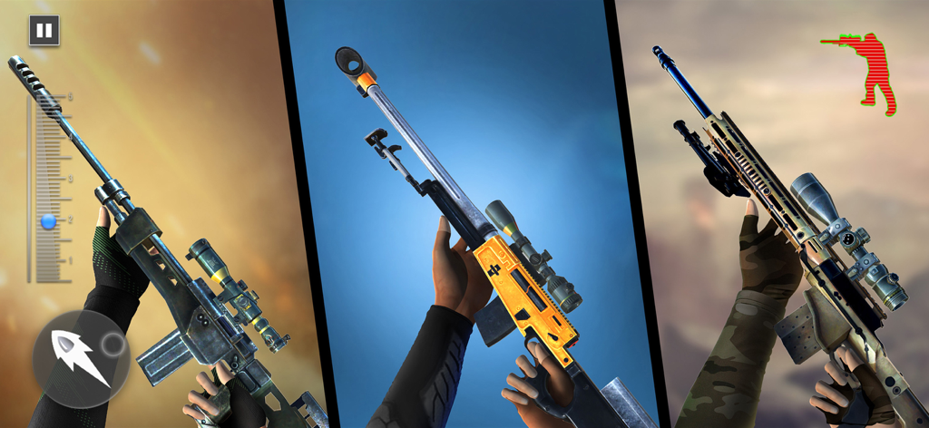Sniper FPS: Gun Shooting Games - Selection of three 3D sniper rifles in a first person shooter mobile game