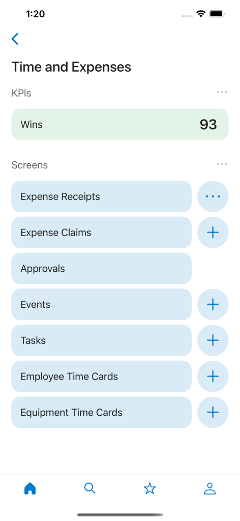 Acumatica mobile app interface showing time and expenses management screens including expense receipts claims and employee time cards