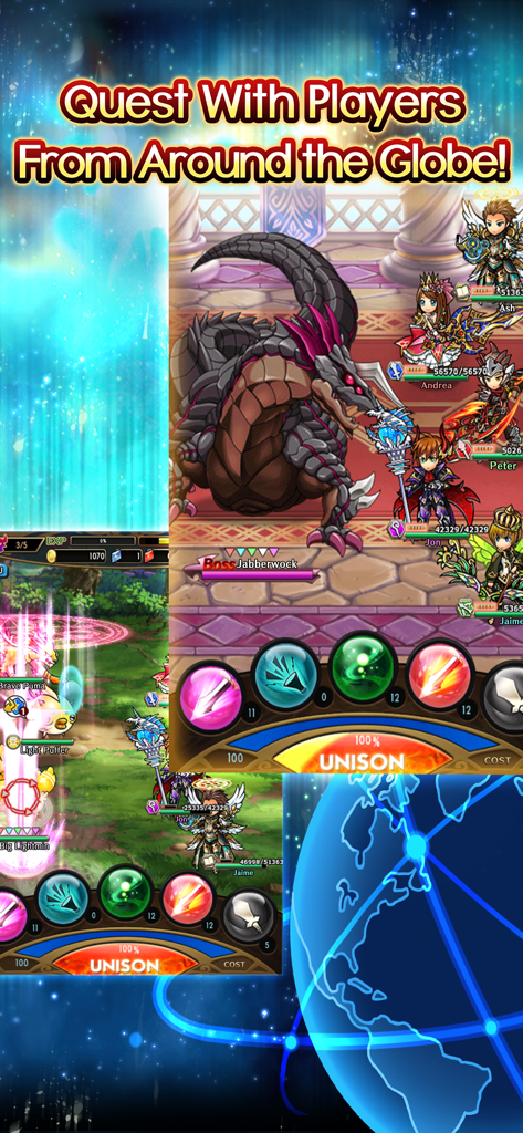 A group of five players battling the boss monster Jabberwock in the real-time mobile RPG Unison League.
