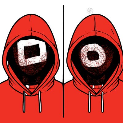 a person with a hoodie and no face, the drawing is split in 2