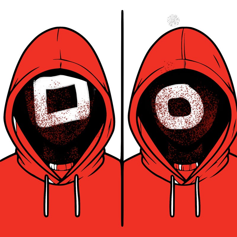 a person with a hoodie and no face, the drawing is split in 2