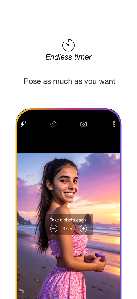 Interfaz de la cámara de PhotoBot con configuración de temporizador infinito para creadores en solitario