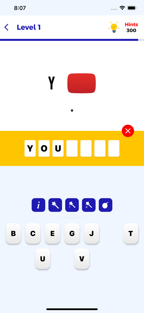 Una pantalla móvil del juego Logo Quiz que muestra un rompecabezas para el logotipo de la marca YouTube con una cuadrícula de entrada de letras.