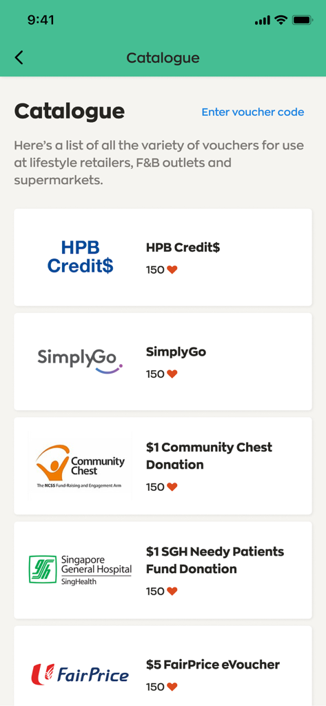 Healthy 365 - Healthy 365 app rewards catalogue screen showing vouchers and donation options for earned healthpoints.