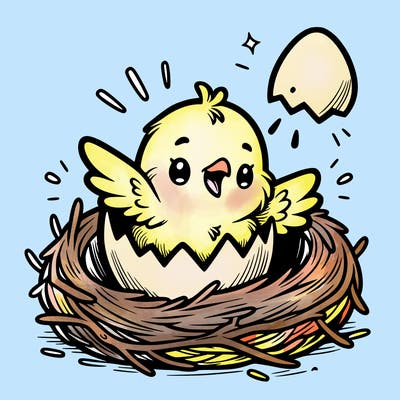 a baby chick hatching from an egg in a nest