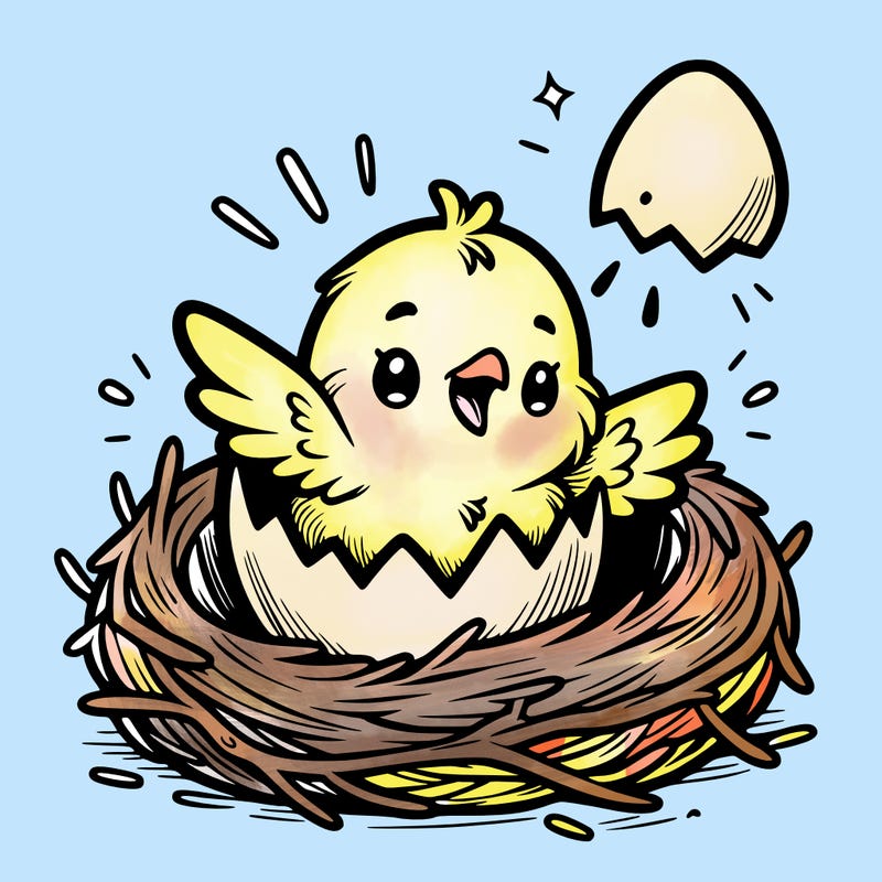 a baby chick hatching from an egg in a nest