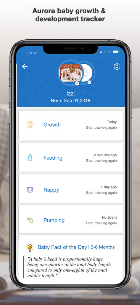 Pantalla de la aplicación Hubble Connected mostrando el rastreador de crecimiento y desarrollo del bebé para la alimentación y los cambios de pañal