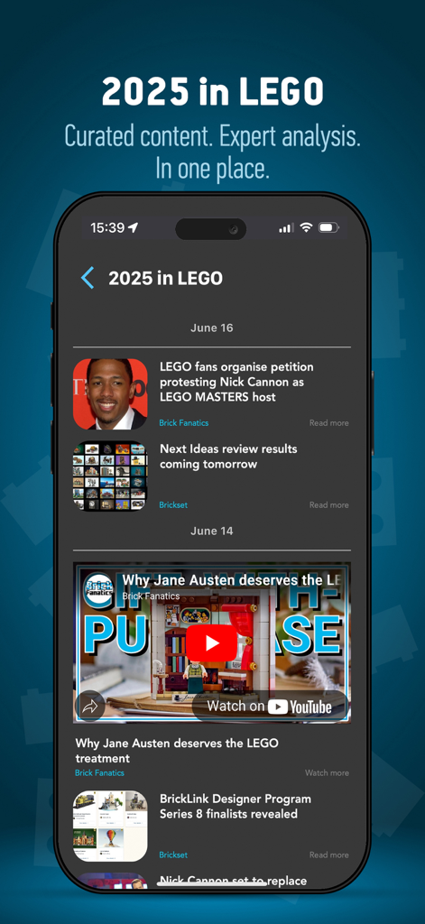 Brick Search: The LEGO set app - A curated news feed within the Brick Search app showing LEGO news, expert analysis, and community updates for 2025.