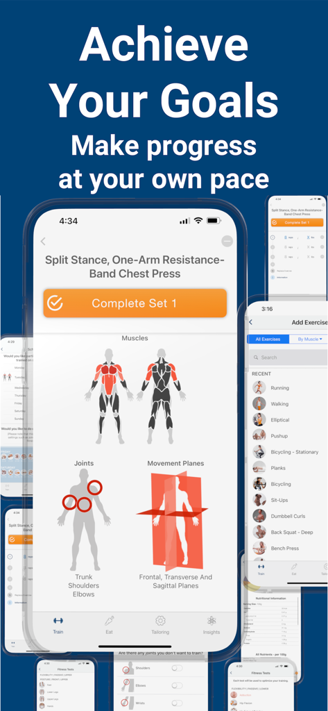 Aplicativo BodBot AI Personal Trainer mostrando um treino específico com diagramas de envolvimento muscular e articular.
