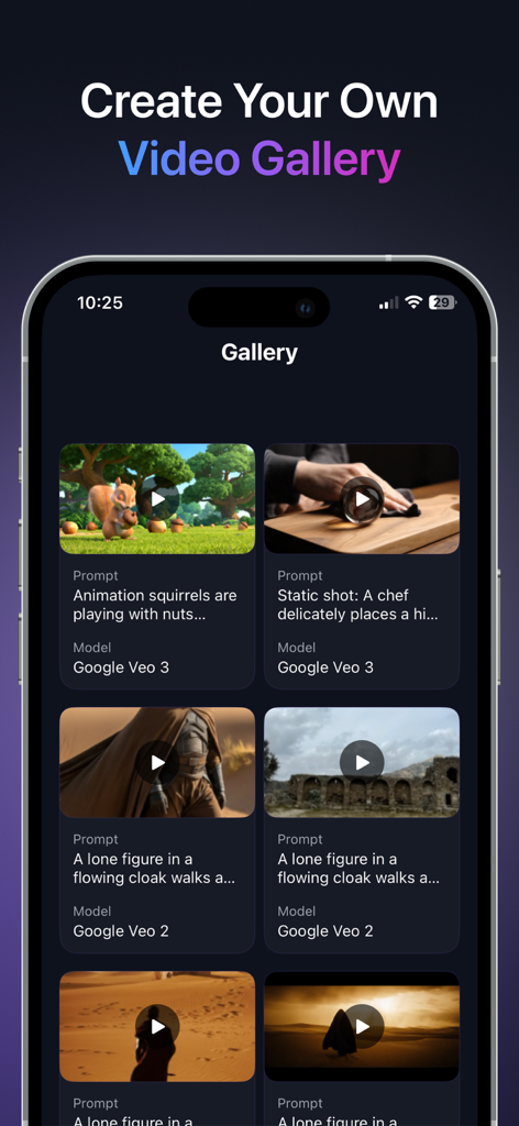 Spice: AI Video Maker & More - Interface of the Spice app showing a gallery of AI-generated videos with text prompts and model information.
