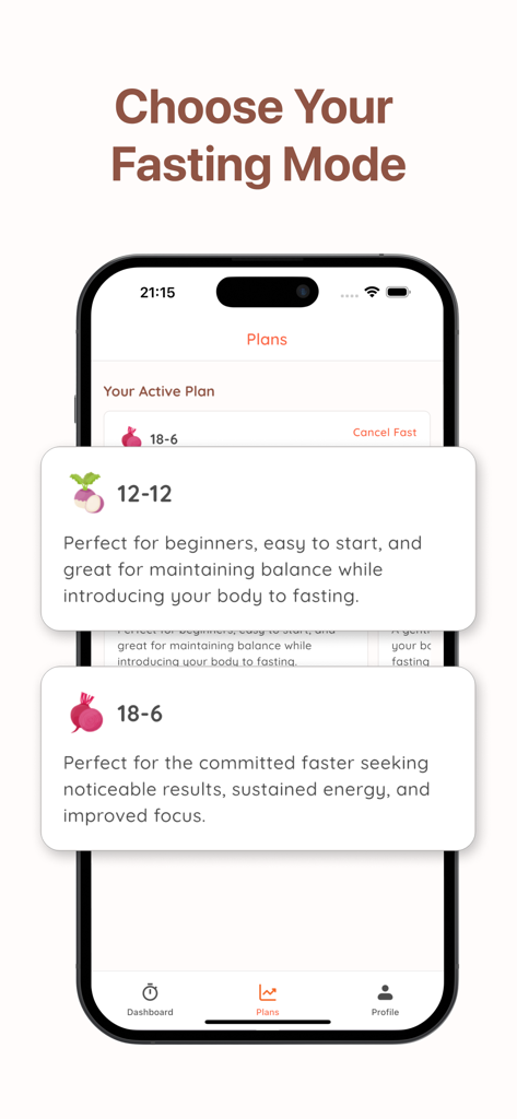 Fasting Timer & Water Tracker - Interfaccia dell'app mobile che mostra piani di digiuno intermittente per protocolli 12-12 e 18-6