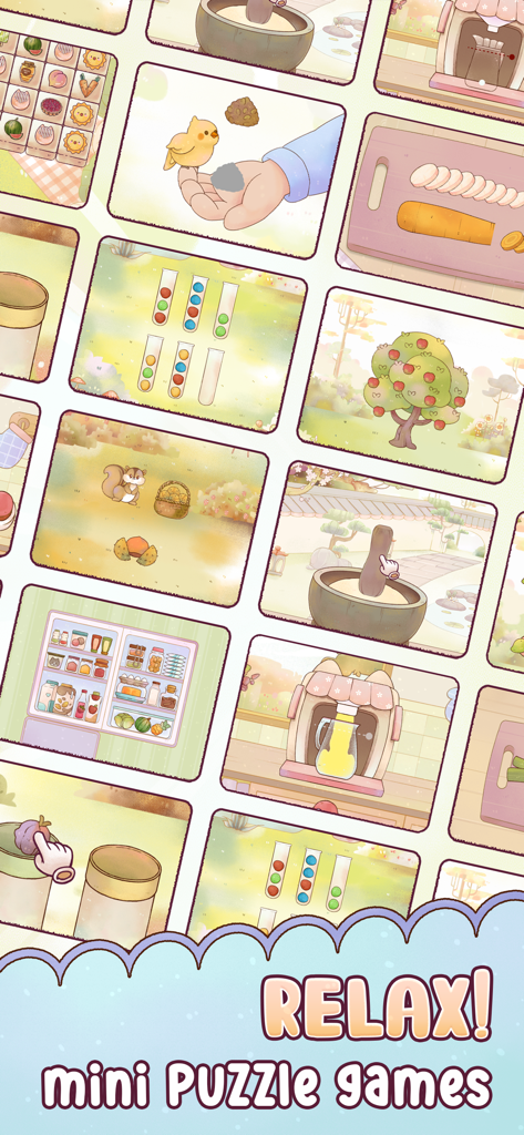 My Cozy Life - Un collage che mostra vari minigiochi rilassanti e sani con un'estetica pastello