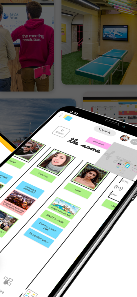 Application Klaxoon sur un iPhone montrant un tableau blanc numérique collaboratif avec des photos d'équipe et des tâches de projet